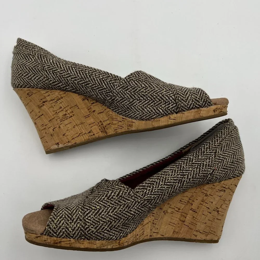 TOMS Stella Calypso Brown Metallic Herringbone Tweed Peep Toe Cork Wedge…‎